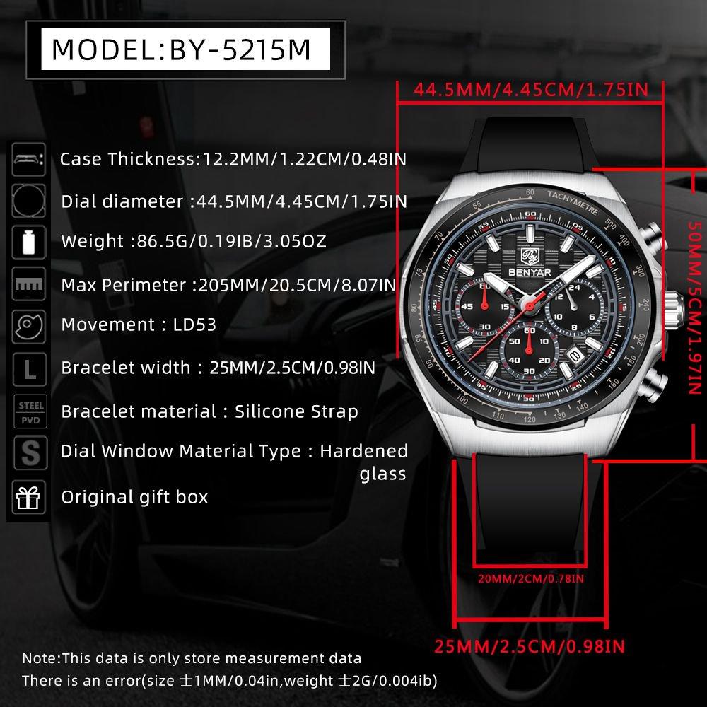 BENYAR Men's Sports Military Quartz Watch Silicone Strap Fashion Business Chronograph Waterproof Wristwatch Relogio Masculino