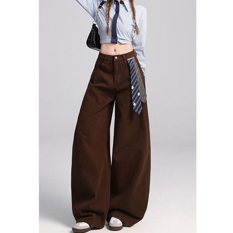 Retro High-Waist Coffee Wide-Leg Jeans for Women - Loose, Slimming, Spicy Straight-Leg Pants