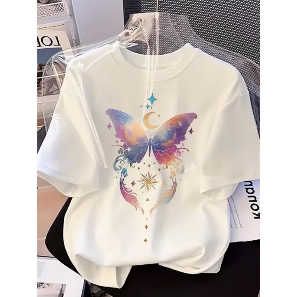 Celestial Moon Sun Butterfly Graphic T-Shirt Women’s Crew Neck Short Sleeve Soft Comfortable for Summer Daily Wear