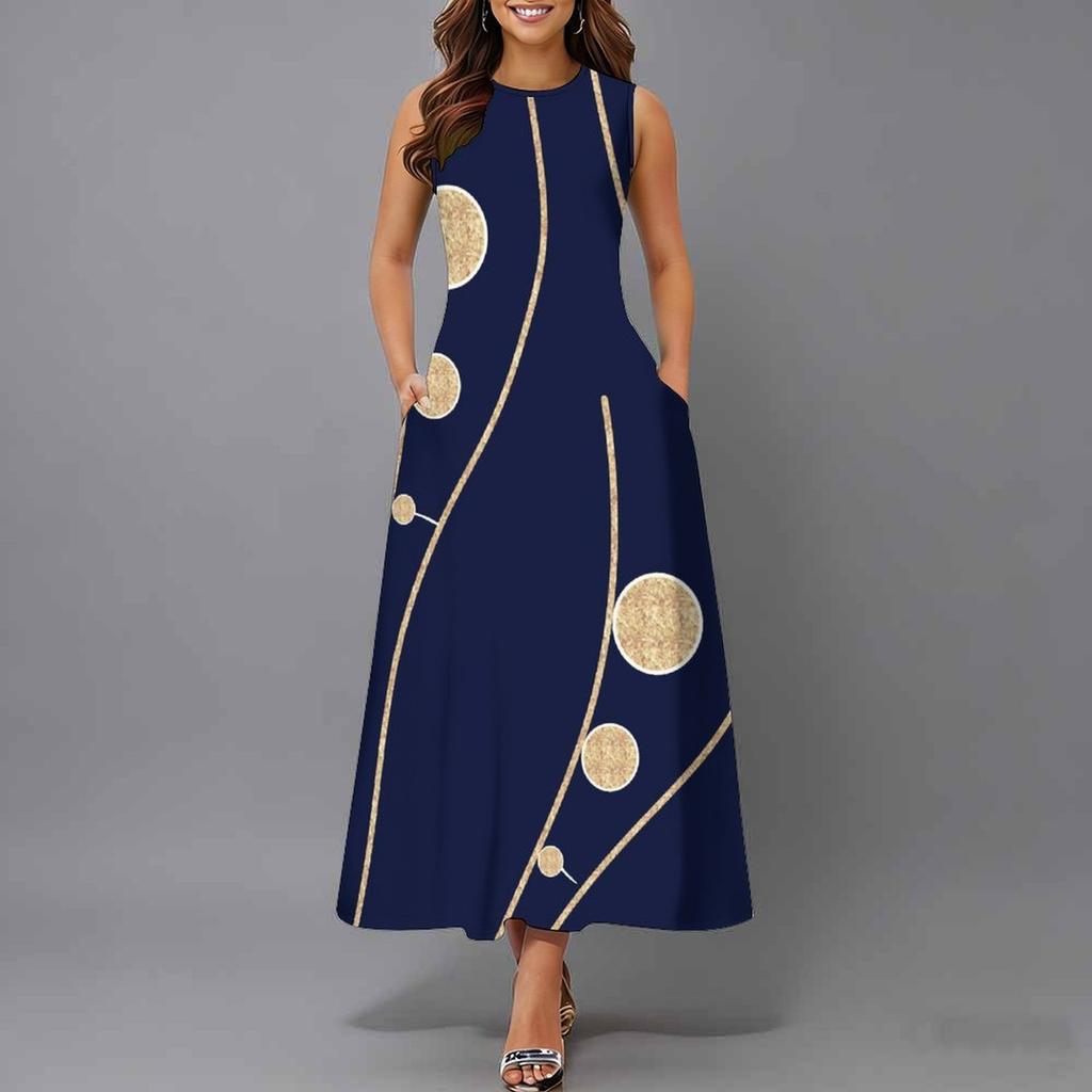 Ladies Oversized Sleeveless Round Neck Dress Vivid Cluster Floral Printed Loose Midi Dress