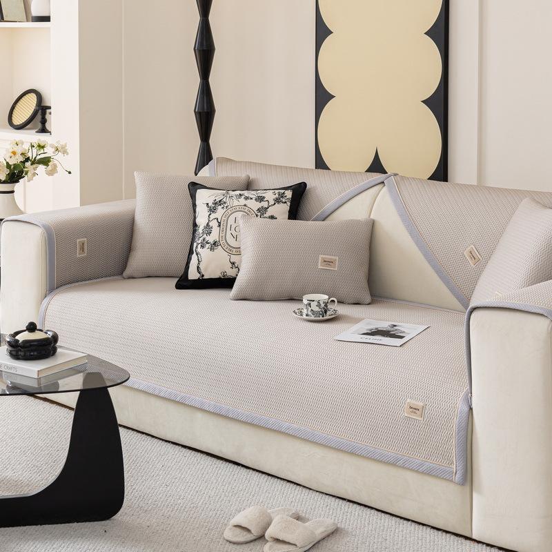 Summer Ice Silk Solid Color Sofa Mat Nonslip Universal Cooling Sofa Cover Living Room Embroidery Label Ear of Wheat Couch Cover