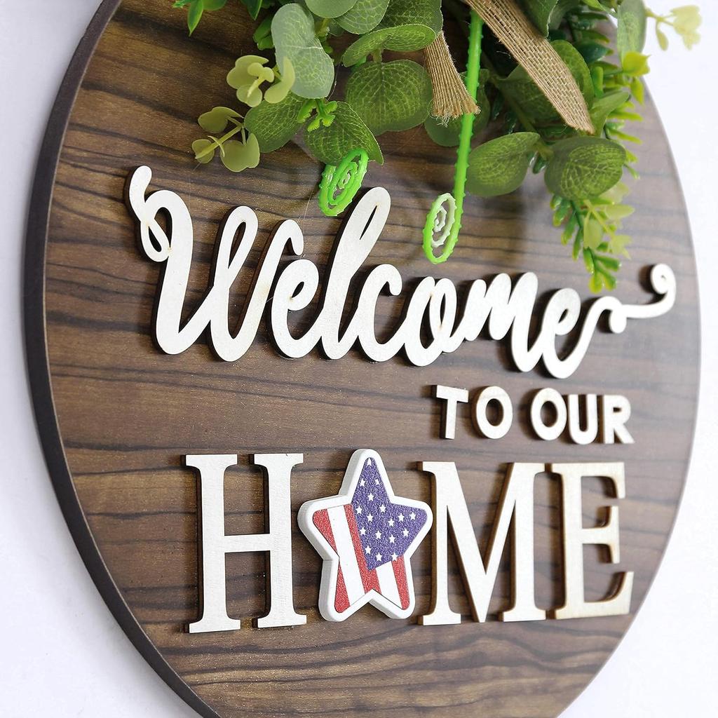 1 Set Seasonal Welcome Sign Front Door Decoration, Rustic Round Wood Wreaths Wall Hanging Outdoor, Farmhouse, Porch