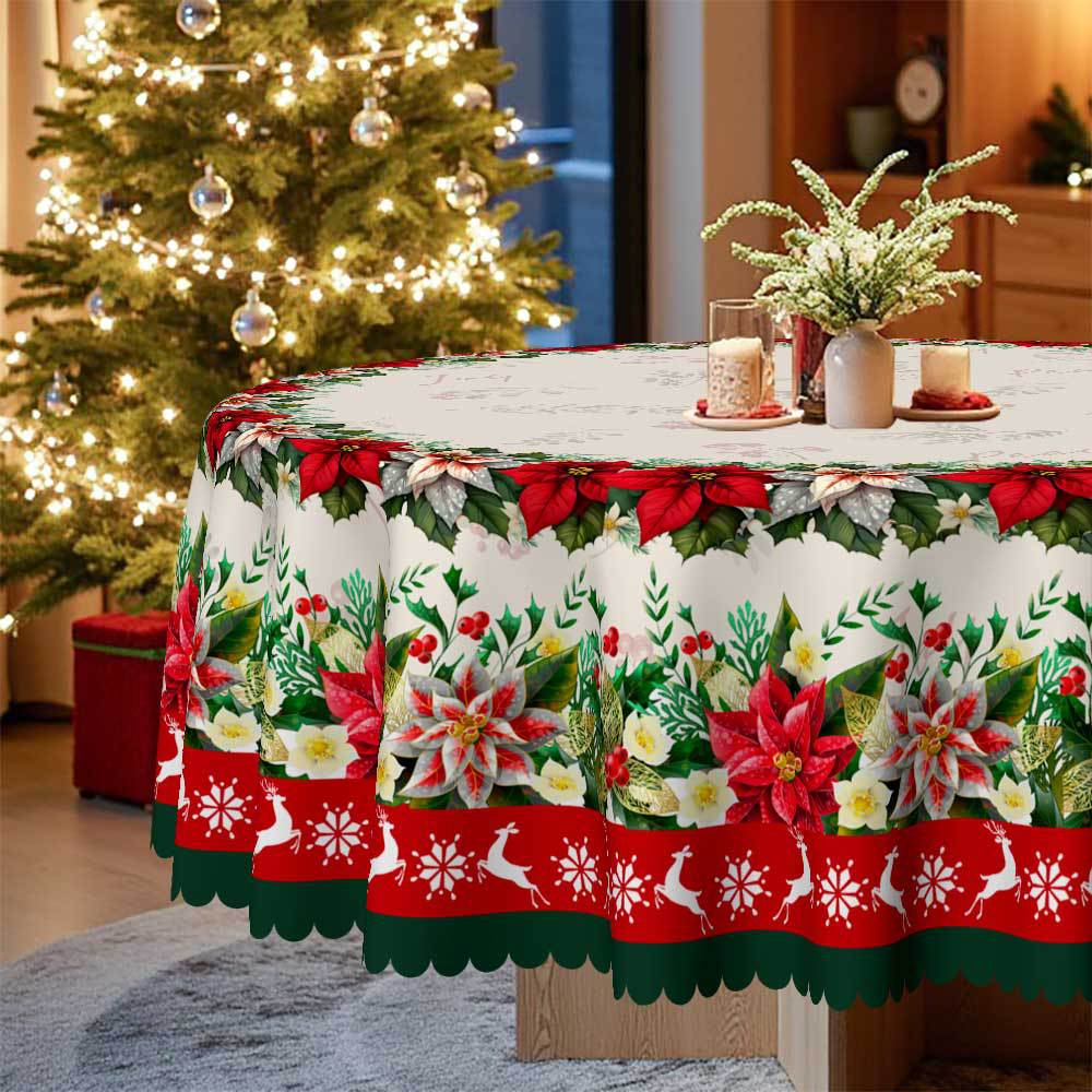 Christmas Table Decoration, Red And Green Flowers, Birds, Elk Tablecloth, Wavy Edge Round Table Square Table Universal Home Holiday Decoration