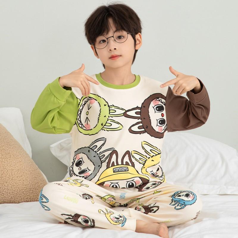 Boys Cotton Pajama Set Long Sleeve Cartoon Print Sleepwear Kids Teens Home Wear