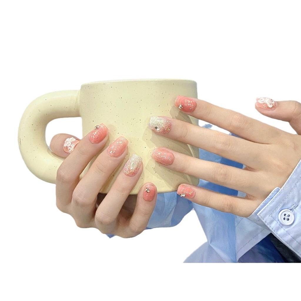 Unghie artificială FĂCUTĂ MÂNĂ Roz Floare blândă Blush Scară scurtă Fototerapie Unghii Unghii false Unghii reutilizabile și detașabile