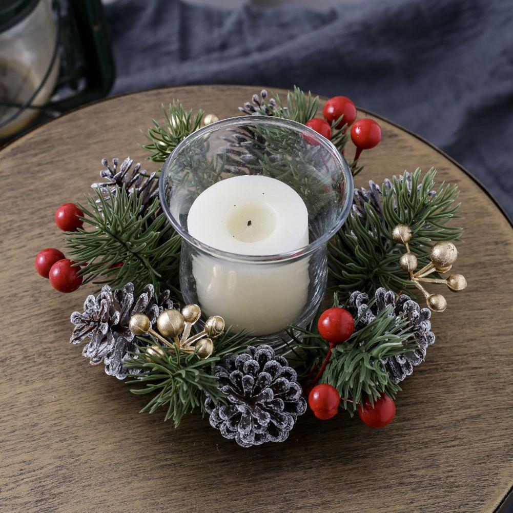 Christmas Candle Ring Artificial Pine Needle Pinecone Berries Garland Rustic Festive Candle Wreath for Home Table Decor