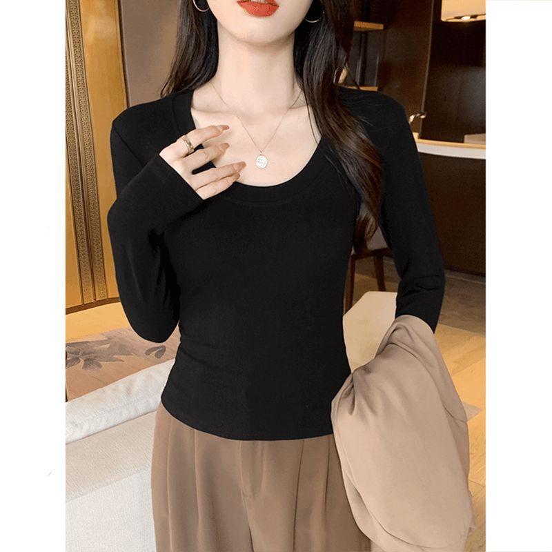 

Long-sleeved T-shirt for Women In Autumn and Winter Plus Velvet Maillard Pure Desire U-neck Slim Fit Inner Casual Base Shirt 2XL
