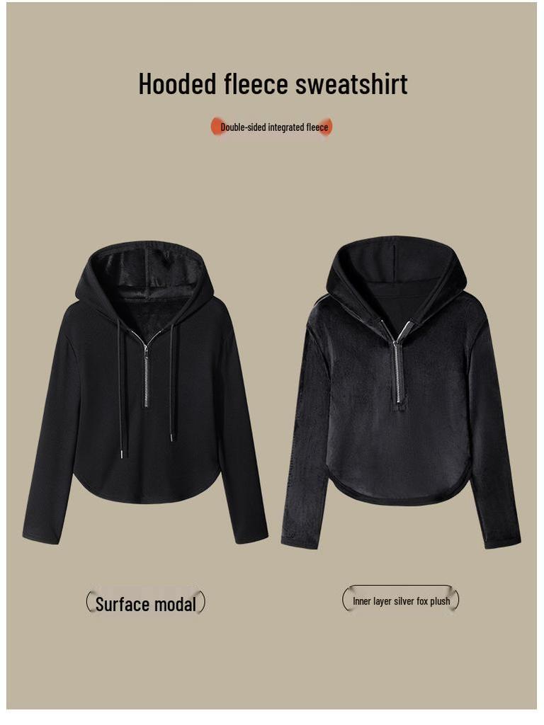 Women's Black Thickened Half-Zip Fleece Hoodie for Autumn/Winter 2025