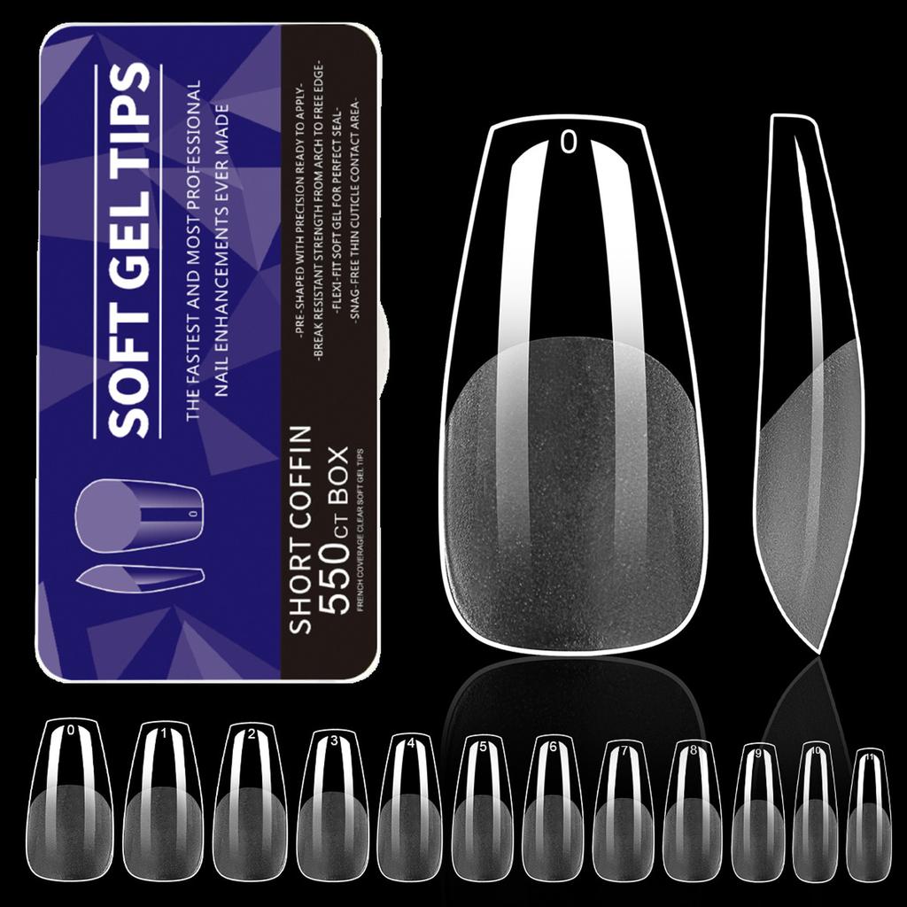 550PCS Clear Gel Nail Tips Full Cover Soft Acrylic Press On Extensions Professional Manicure for Salon and Home Use