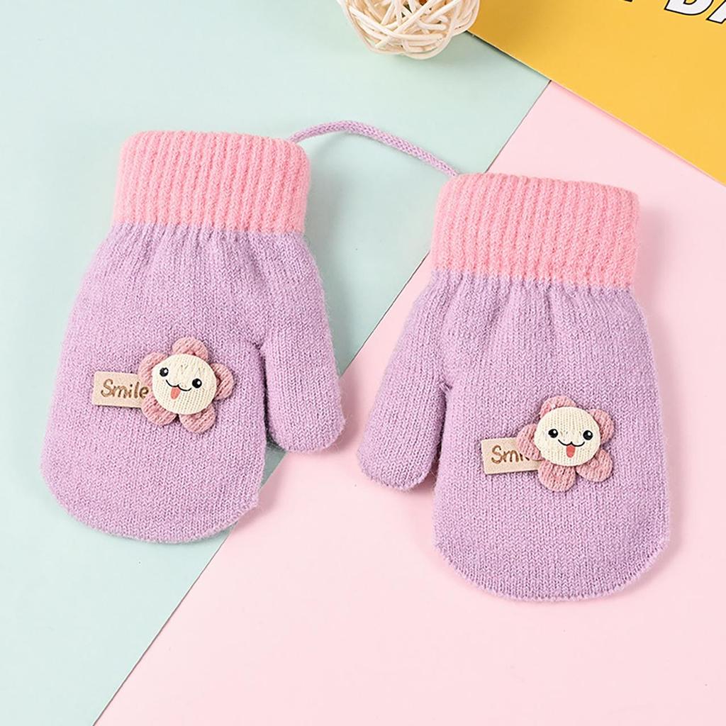 Baby Winter Gloves Cute Cartoon Thick Plush Knitted Mittens Outdoor Cold-proof Kids Boys Girls Full Finger Gloves With Ropes