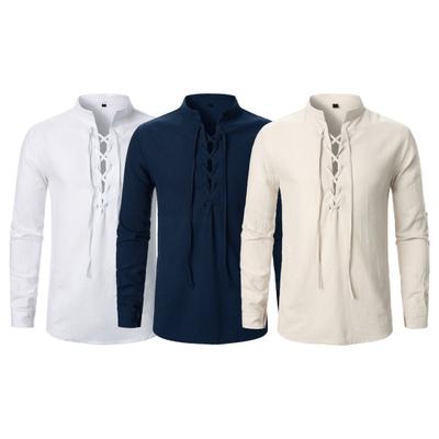 Spring Autumn Men Shirt Lace-up Stand Collar Long Sleeves with Cufflink Solid Color Loose Retro Medieval Mid Length Casual Commuting Office Top