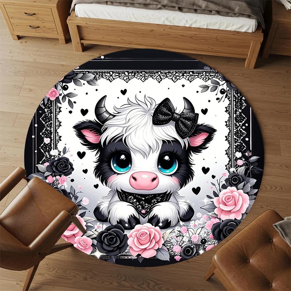 1PC Cow Roses Lace Round Chair mat Area Rug - Non-Slip, Floor Mat for Office, Bedroom, home decor Christmas Gift c0528036