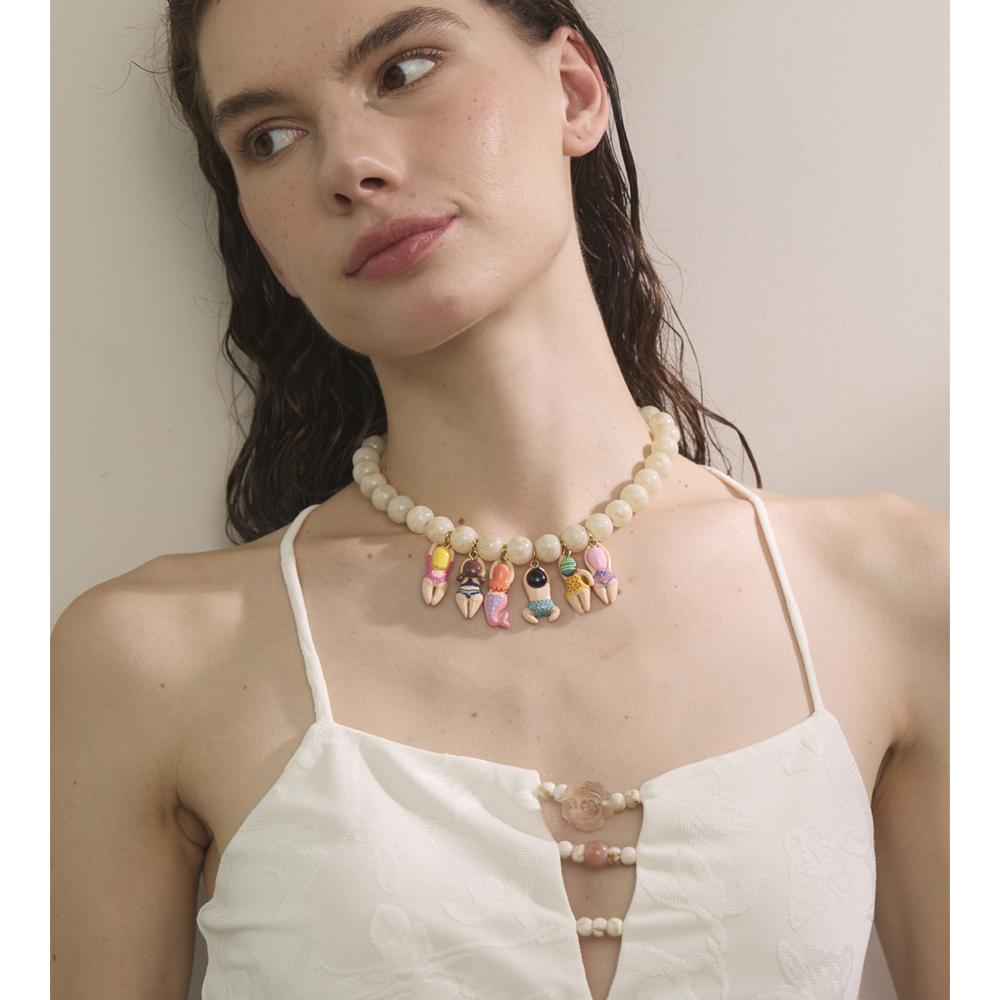 Yhpup Stylish Unique Handmade Jewelry Glass Imitation Stone Beads Chain Resin Bikini Doll Drop Creative Necklace Accessories