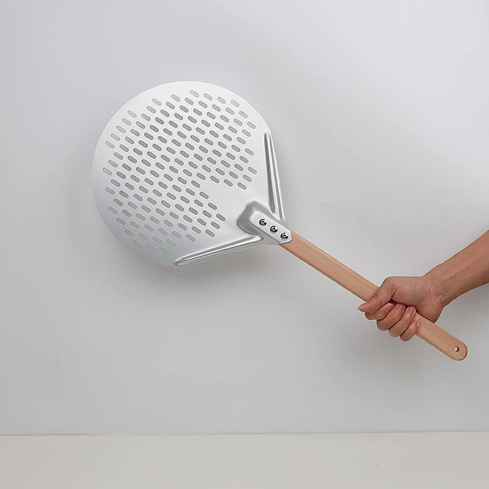 12/14 Inch Round Pizza Turning Peel Hard Anodized Aluminum Perforated Pizza Paddle with Wood Handle Homemade Oven Pizza Shovel