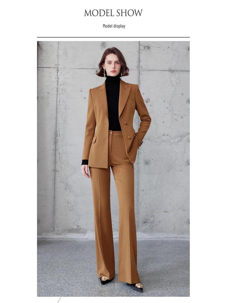 AD Gold Brown Wool Herringbone Suit: Autumn/Winter Formal Blazer & Wide-Leg Trousers