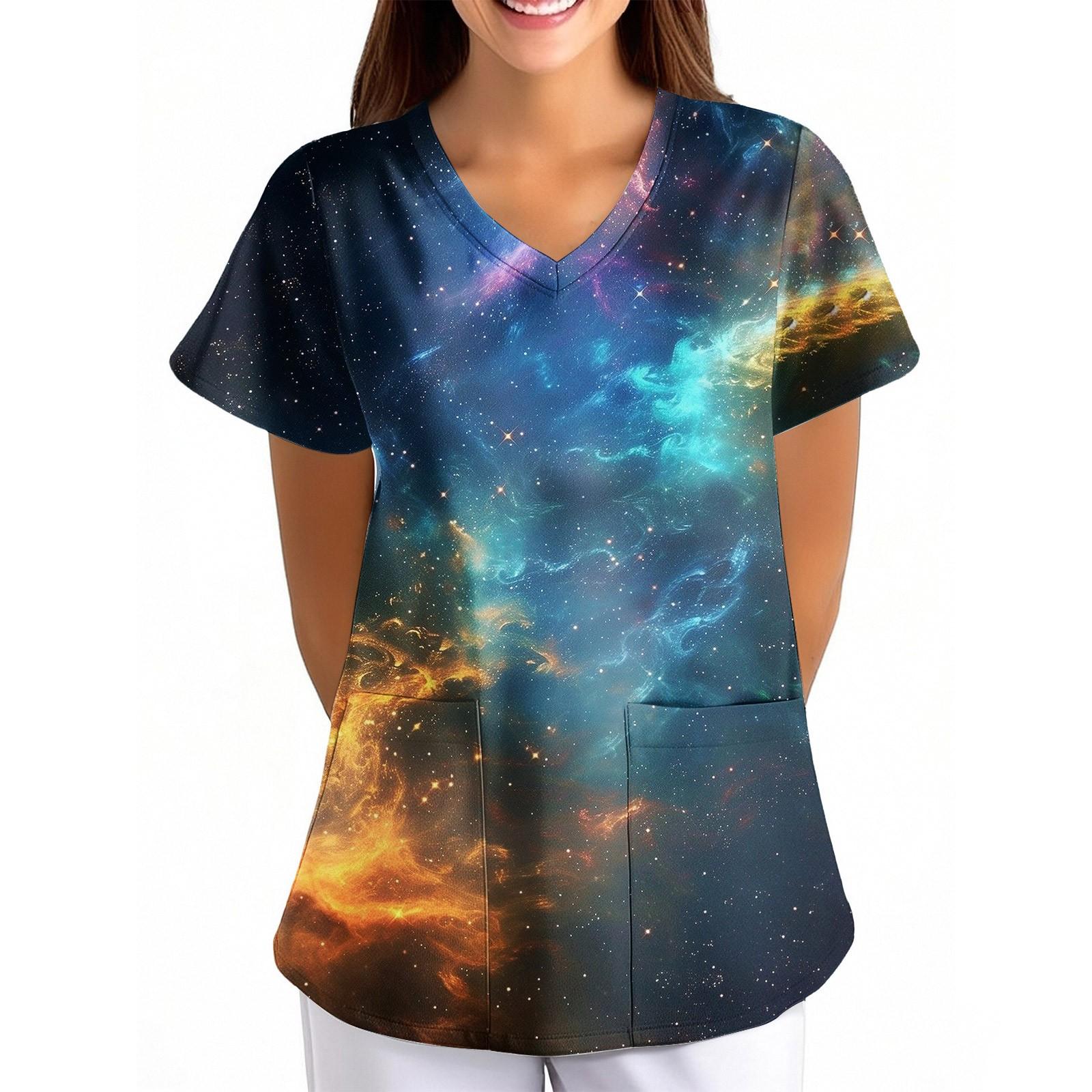 

Женская Свободная Униформа с V-образным вырезом, карманом и короткими рукавами, с принтом «Небо» XL