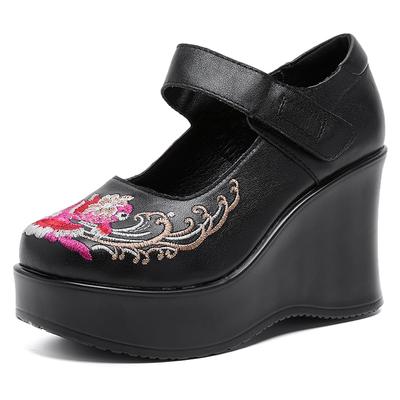 GKTINOO Scarpe da Donna Retro Fatte a Mano Punta Rotonda Zeppe Aumento Altezza 9cm Scarpe Casual Mocassini con Plateau in Vera Pelle da Donna