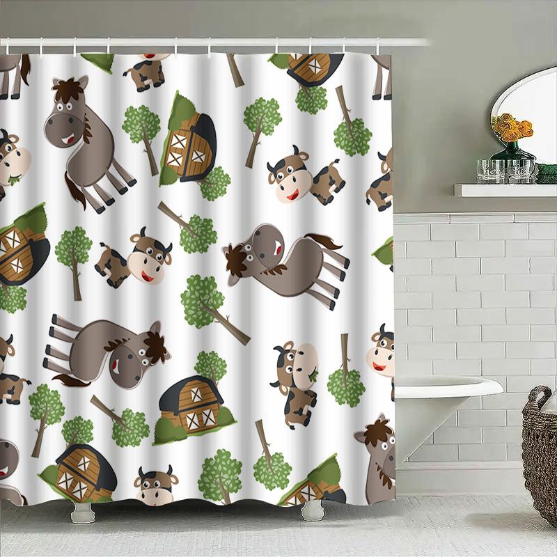 Farmhouse Animal Pattern Shower Curtain Set For Kids Bathrooms Blue Green White Colorful Cartoon Print Decorate Waterproof Fabri