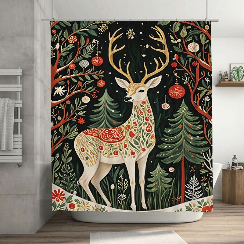 

Elegant Deer With Floral Pattern Christmas Shower Curtain, Black Background With Red Branches And Ornaments,Bathroom Decor W60H190(CM)-1 Pcs