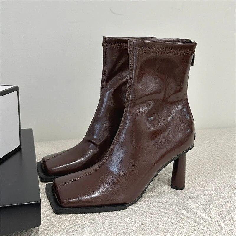 Eilyken Podzimní útulné měkké kotníkové boty z PU kůže Dámské Elegantní hranatá špička Jehlové podpatky Módní Zip Dámy Párty Moderní Boty