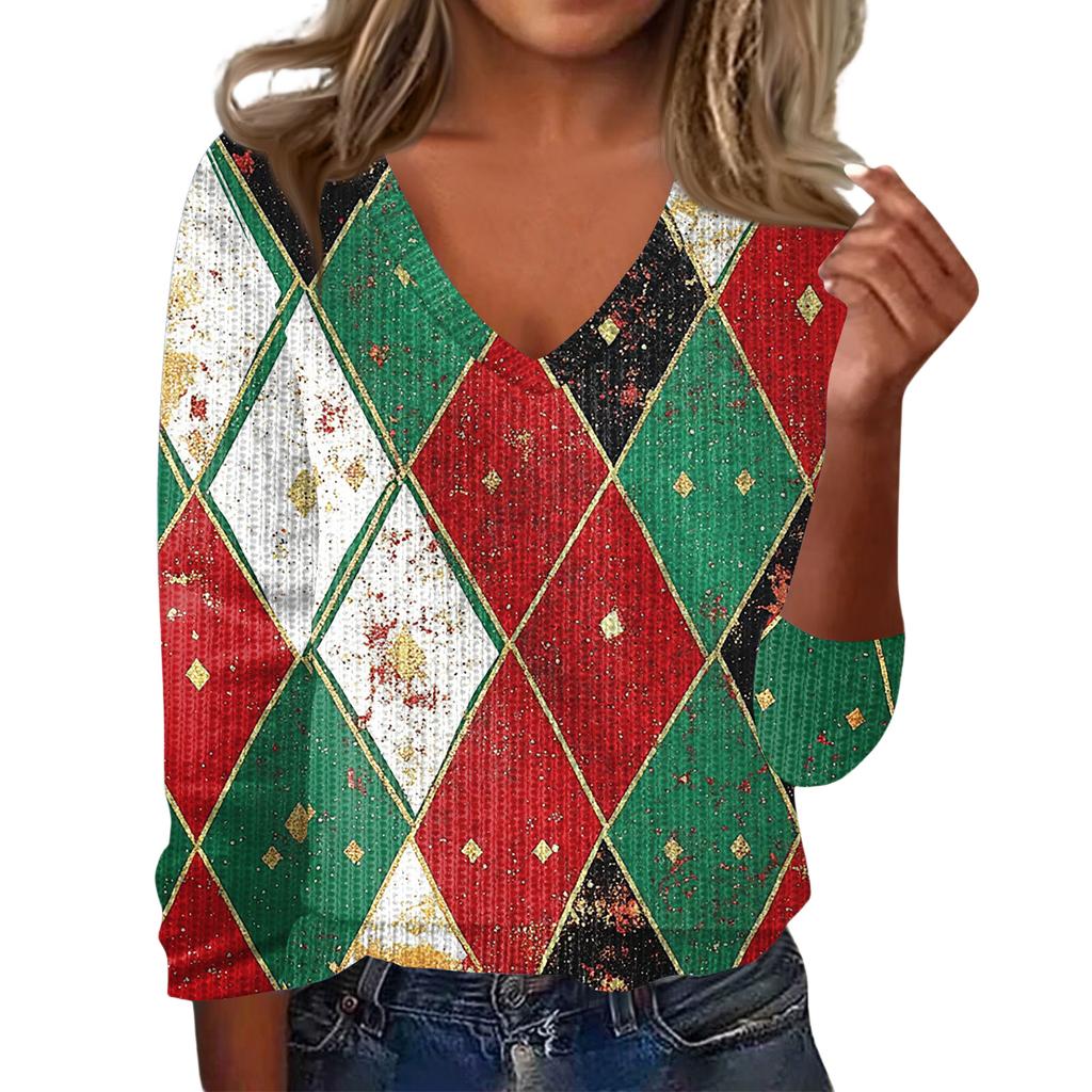 Women's Cute Sweatshirt Knitted Fashion Casual V-neck Long-sleeved Cozy Print Top
