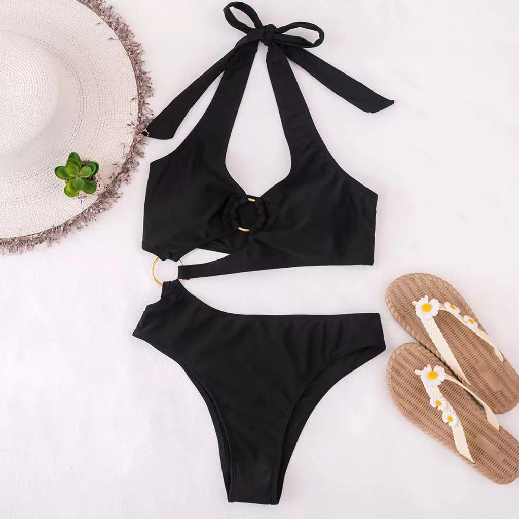 Hollow Solid Metal Ring  Neck , Backless Hot Girl Sexy One-piece Swimsuit, Hot Spring Swimsuit