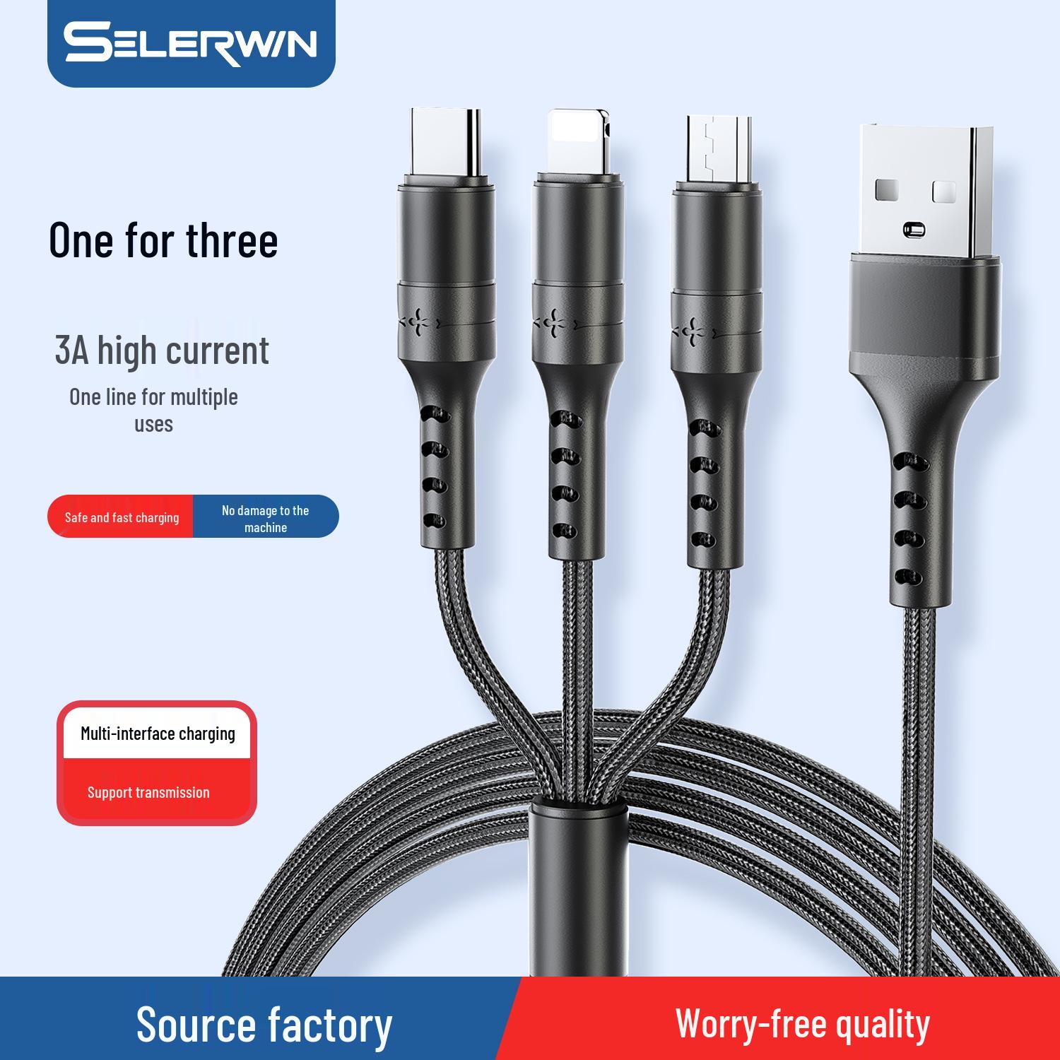 

One-to-Three Braided Fast Charging Cable for Apple and Android Devices, USB-C Supported 3A Three-in-One синий