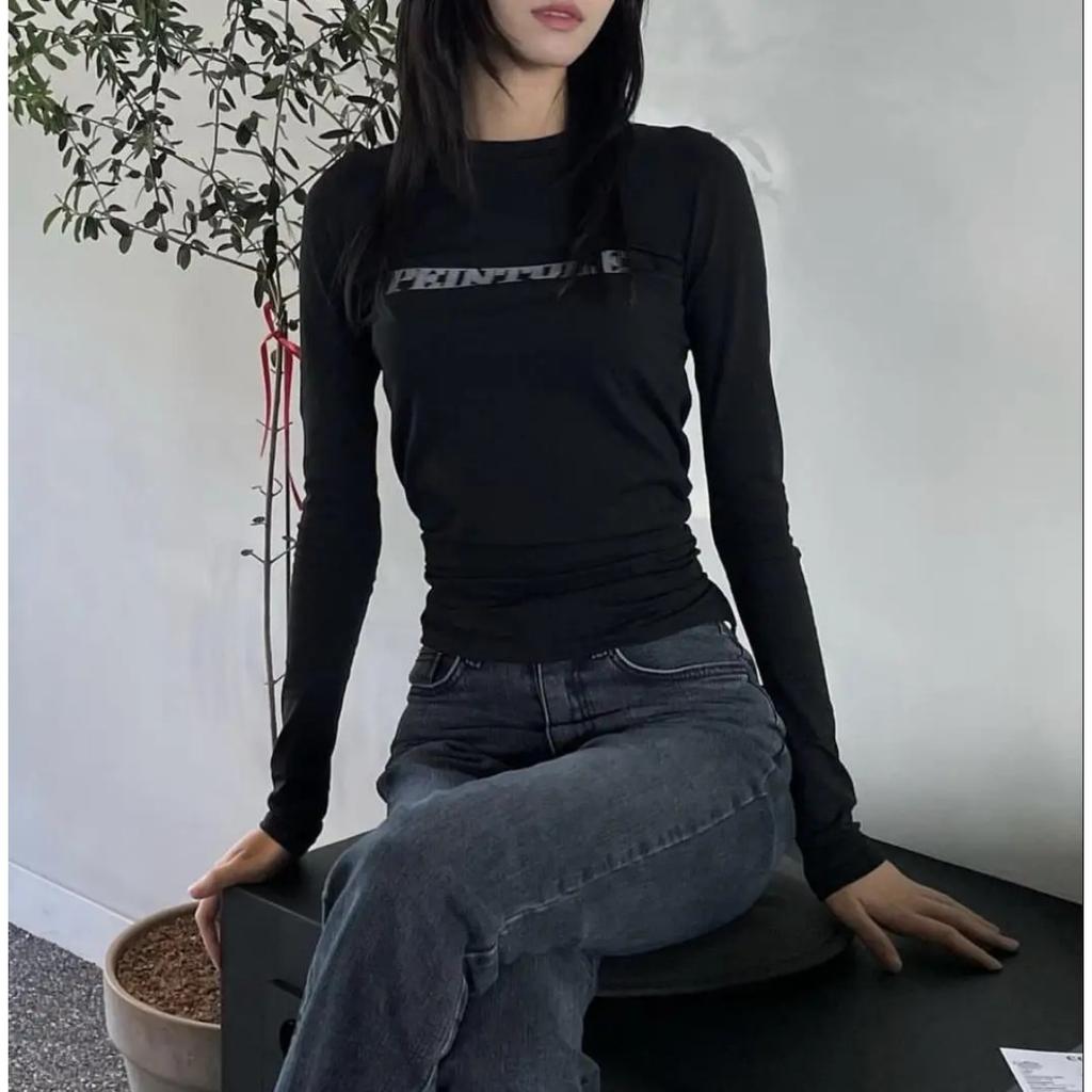Grunge Letter Print T-shirt Korean Fashion Long Sleeve Tee Shirt Vintage Japanese Harajuku Slim Tops Kpop Streetwear Y2k