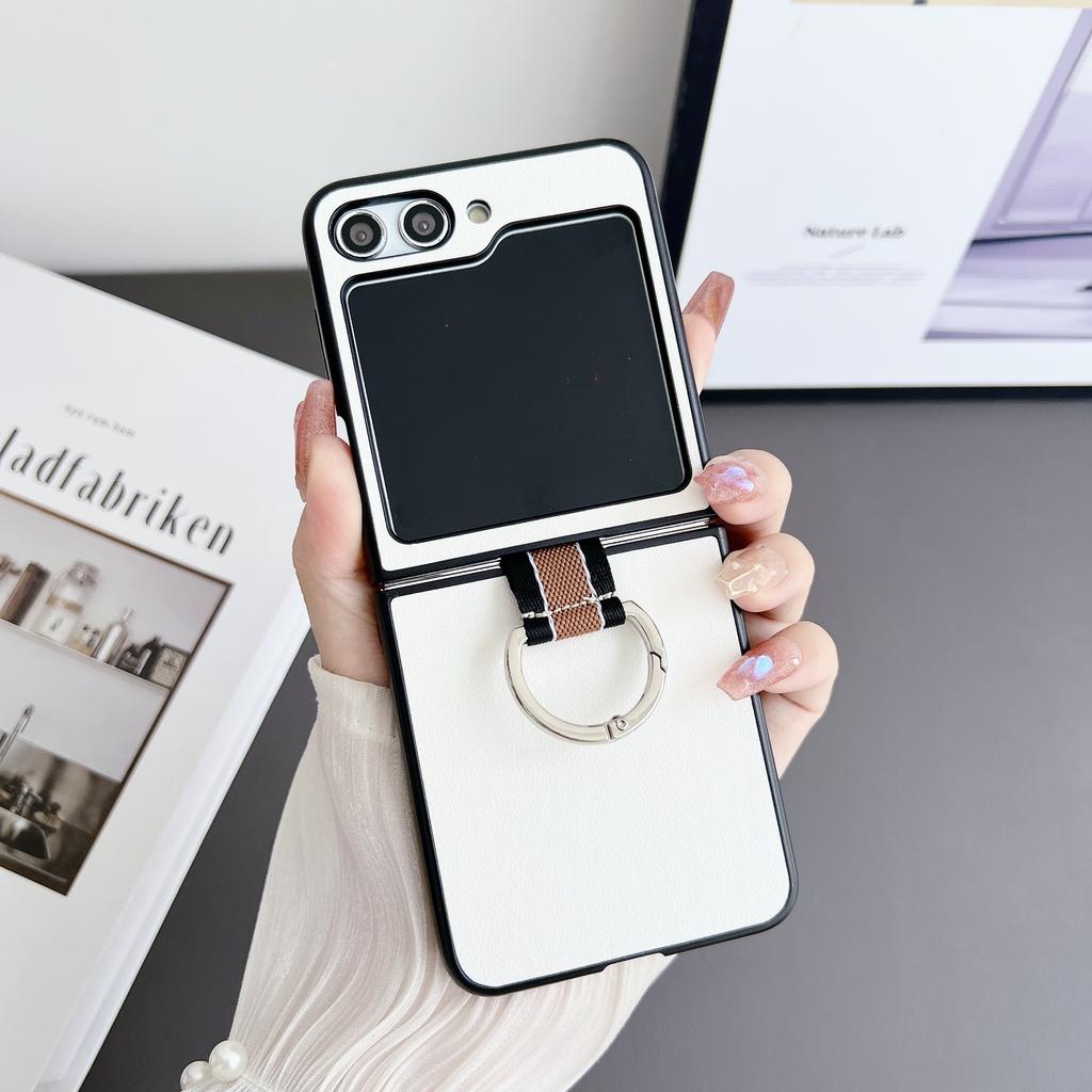 For Samsung Z Flip 6 7 PU Leather Phone Case Ring Folding Anti-Fingerprint Shockproof Protective Cover for Galaxy Z Flip 5 3/4