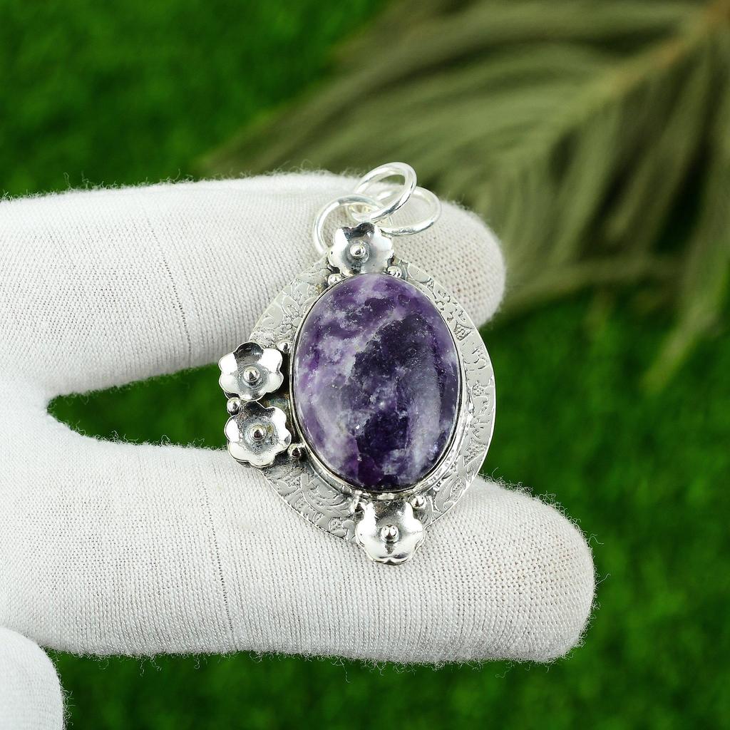 Anniversary Gift For Her Natural Lepidolite Gemstone Pendant 925 Sterling Silver