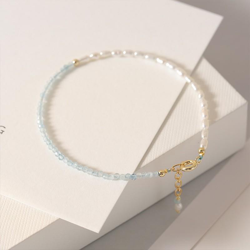 Womens Light Blue Natural Aquamarine Bracelet Ins Style Tiny Pearl Beaded Strand Ultra Thin 2mm Dainty Jewelry