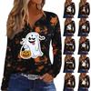 Women's Casual Halloween Print V-Neck Long Sleeve T-Shirt with Decorative Buttons