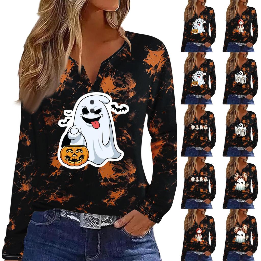 Women's Casual Halloween Print V-Neck Long Sleeve T-Shirt with Decorative Buttons