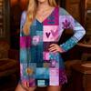 Women's Fashionable Casual Long-Sleeved Retro Print V-Neck Mid-Length Top