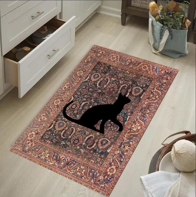 

Vintage Anatolian Pattern Washable Rug with Black Cat Silhouette Recycled Cotton Carpet Non Slip Stain Resistant Area Rug 40x60cm