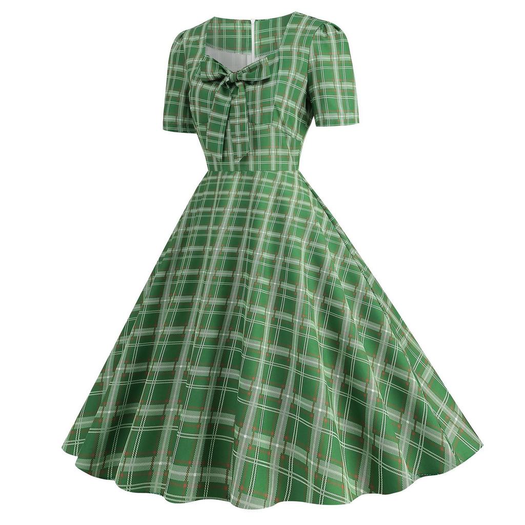 Women's Fashion Temperament Retro Polka Dot Lace-up Backless Set Neck Big Swing Puffy Casual Performance Dress