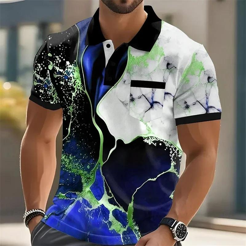 Stylisches geometrisches Linienmuster Kurzarm-Poloshirt mit Tasche, lässig und trendig.