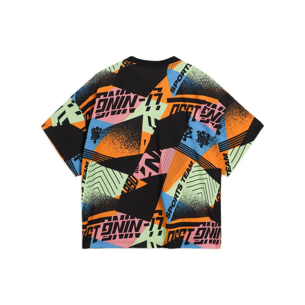 Li-Ning Alphabet Print Patchwork Round Neck Short Sleeve T-Shirt Unisex Tops Black AHSS155-2