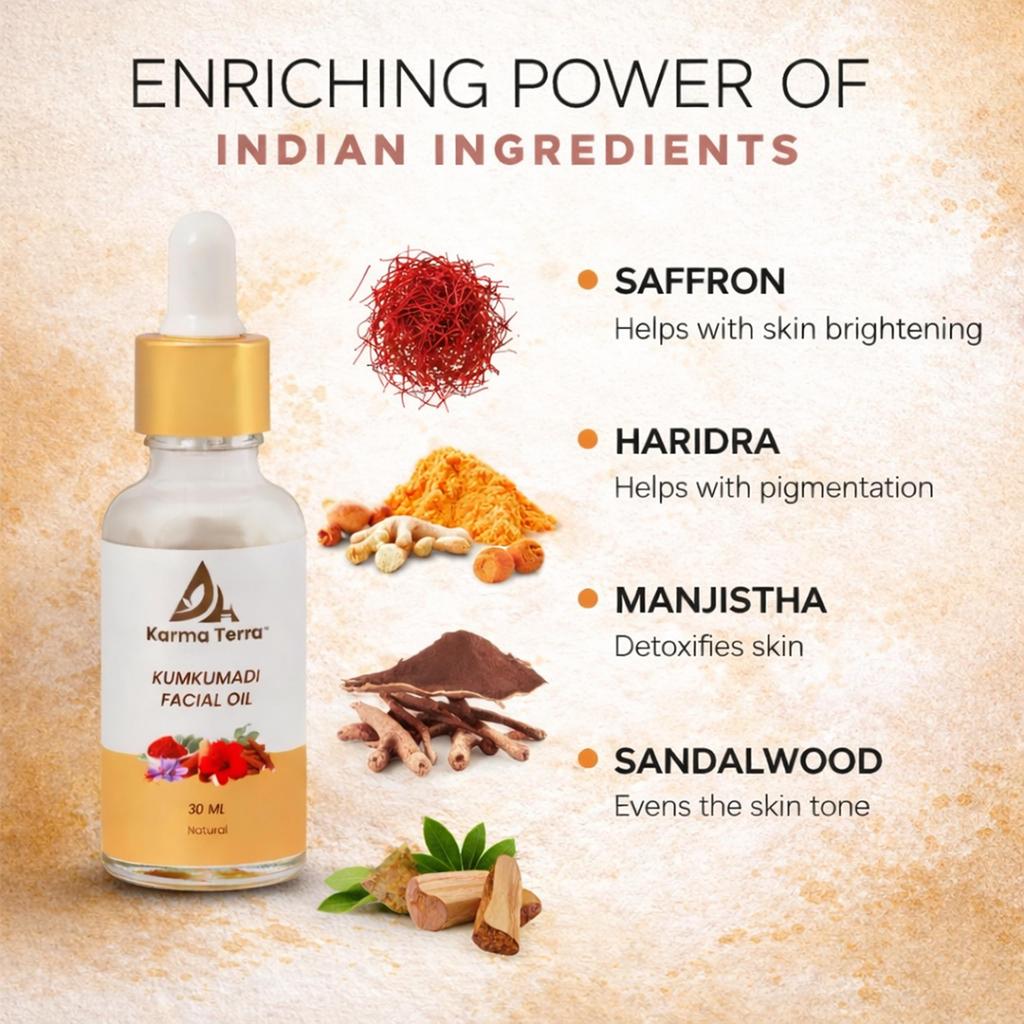Karma Terra Kumkumadi Gesichtsöl Natürliches Anti-Aging-Serum gegen Falten und Pigmentierung Dunkle Fleckenentferner Aufhellendes Ayurvedisches Öl 30ml