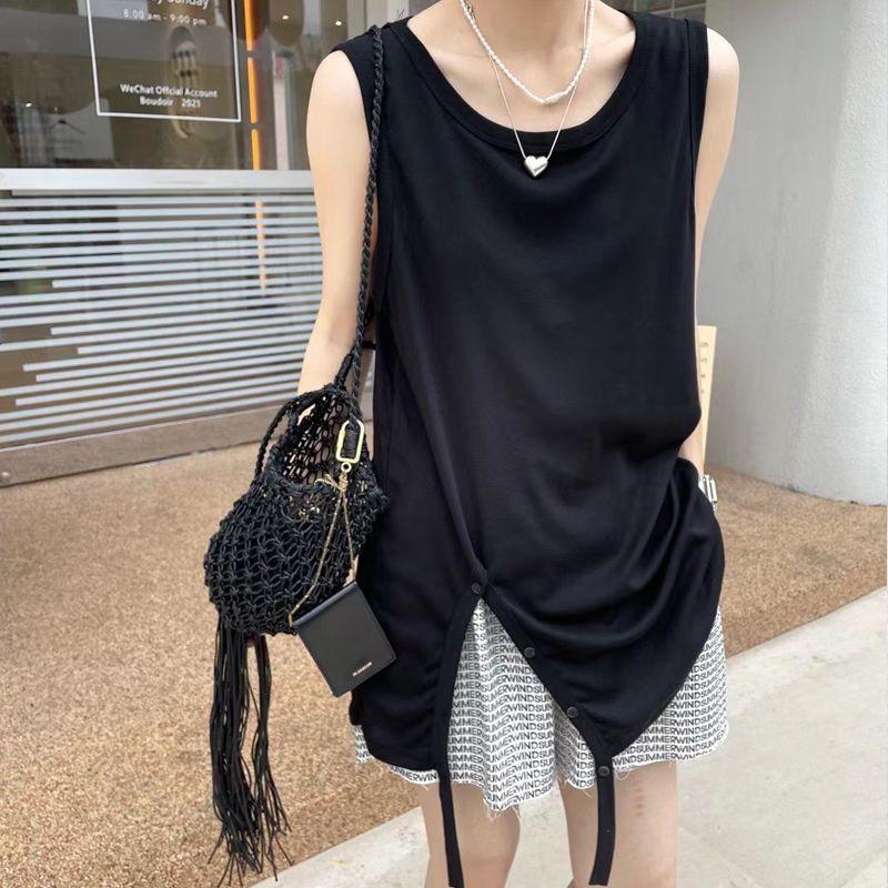 

Европейская станция Майка без рукавов Женская верхняя одежда Лето 2025 Стильная нерегулярная прорезь Чистый хлопок Жилет Базовая футболка Мода Black L