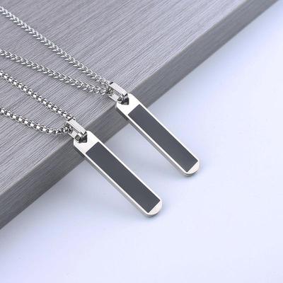 Men's Striped Square Pendant Necklace - Personalized Polished Stainless Steel Sweater Chain Jewelry