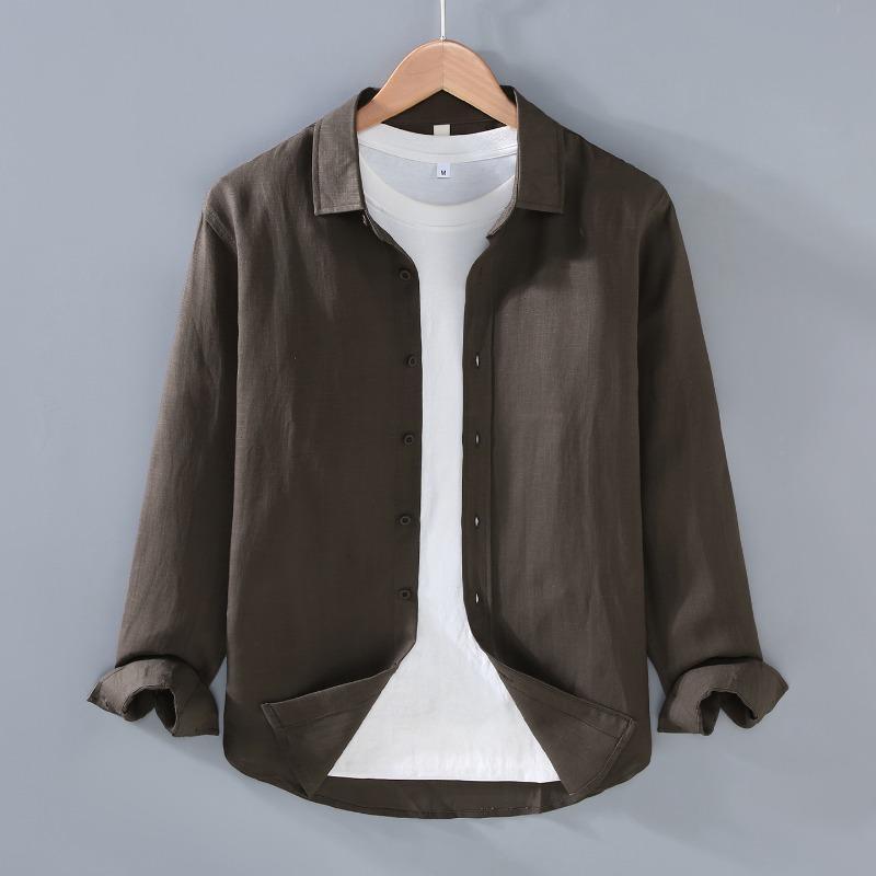 Men's Solid Color Long Sleeve Button Up Shirt Casual Loose Fit Breathable Linen Blend Daily Top