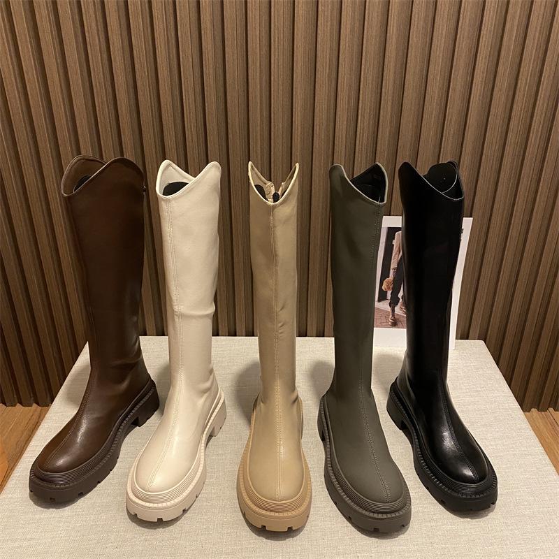 Women's autumn and winter new long boots, thick-soled long boots, high boots, women's middle heel but knee leather boots, velvet