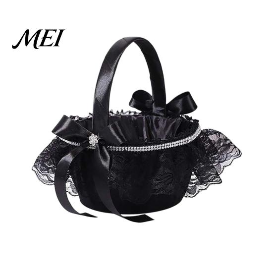Decorative Ghost Candy Basket Black Flower Girl with Handle And Bow, Gothic Satin Handheld Halloween Decoration Lace for Wedding Ceremony, Bridal