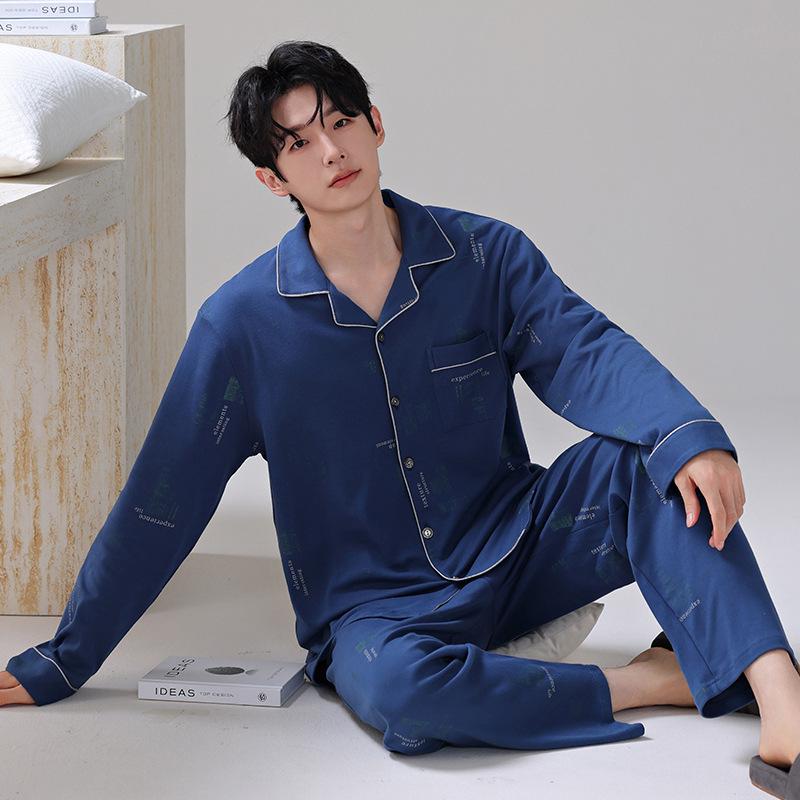 Men's Long-Sleeve Pure Cotton Pajama Set with Lapel - Autumn/Winter Two-Piece Homewear