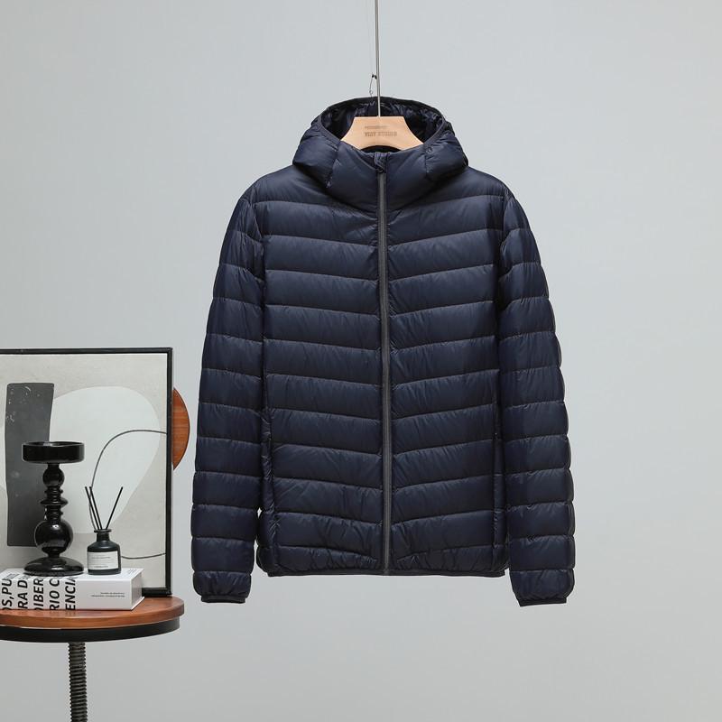 Men's Plus Size Lightweight Hooded Down Jacket - 90% Down, Ultra-Thin, Casual Winter Wear for Middle-Aged and Elderly, Suitable for 200 lbs