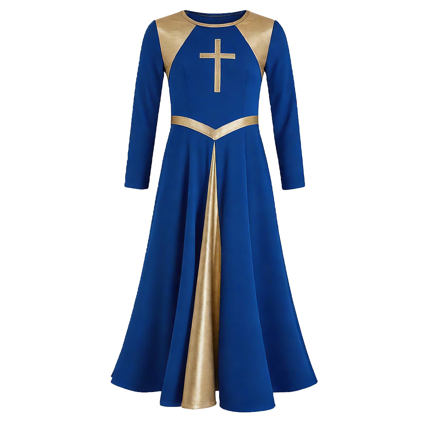 

Girls Shiny Round Neck Church Dress Long Sleeve Contrast Color Dancewear 3-4 Years королівський синій колір
