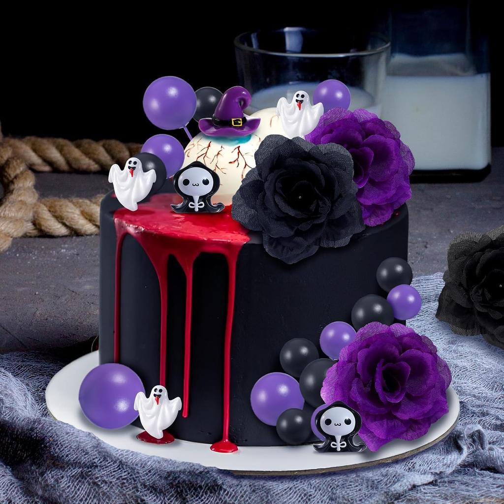 44pcs Halloween Cake Decorations Wednesday Addams Cake Mini Balloons Rose Flower Ghost Topper Gothic Cake Decorations