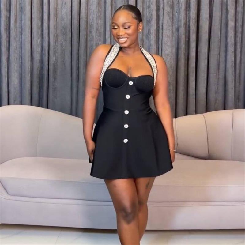 New bandage dress sexy neck wrap evening dress heavy industry nail drill skirt party