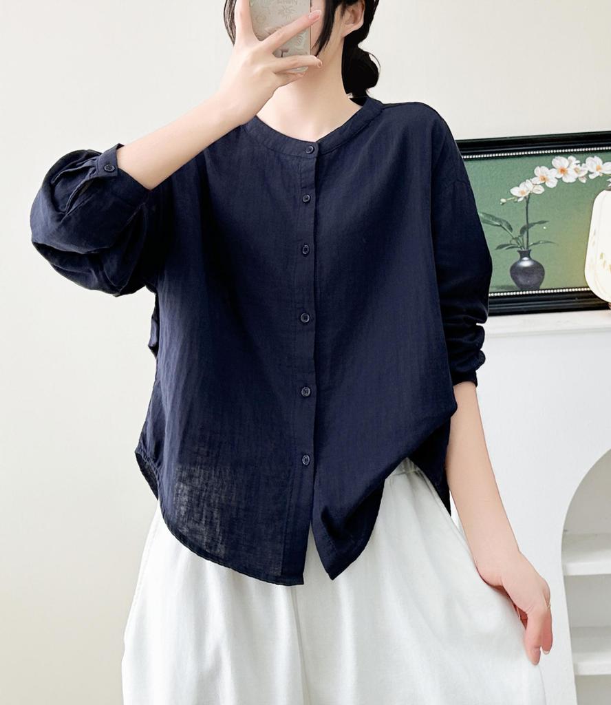 2026 Spring Korean-Style Loose Long Sleeve Cotton Gauze Women's Shirt, Double Layer Stand Collar, Solid Color.